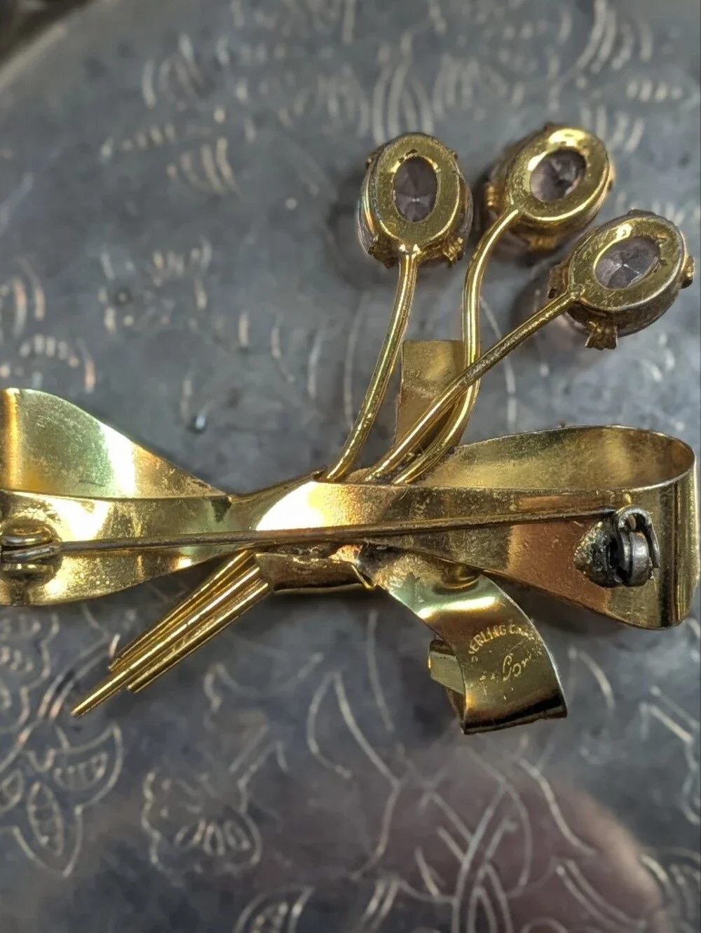 Vintage Sterling Craft by Coro Gold Floral Bow Brooch with Pink Rhinestones